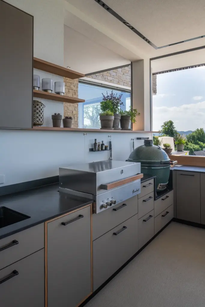 Stimmungsvolle Aufnahme der Outdoorküche mit Regal, Pflanzen und Grillbereich von Deutschmann