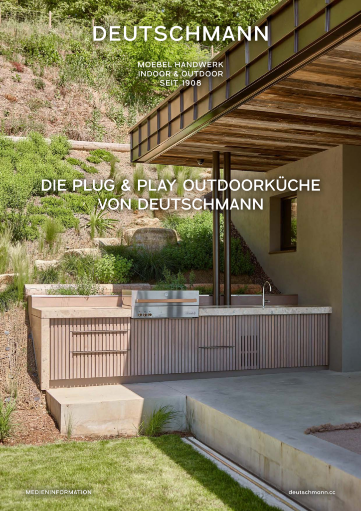 Titelbild eines Presseartikels über Deutschmann, zu sehen ist eine Outdoorküche mit Lamellenfront