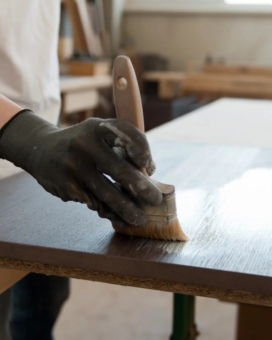 Hand mit Handschuh und Pinsel in der Hand, welcher gerade auf einem Holzbrett malt